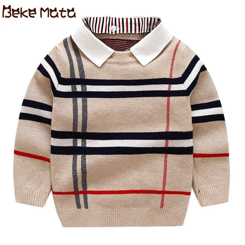 Kids Sweters Autumn 2021 Plaid Toddler Boy Sweater długi rękaw Fake Twopiece Chłopcy Pullover Dzieci Ubranie 27Y Y10249862996250