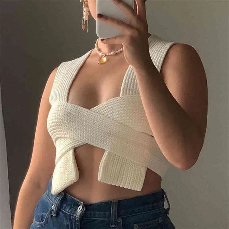 Sexy Women V-Neck Asymmetric Cross Sweaters Fashion Ladies White Knitted Tops Streetwear Female Chic Solid Short Camis 210427