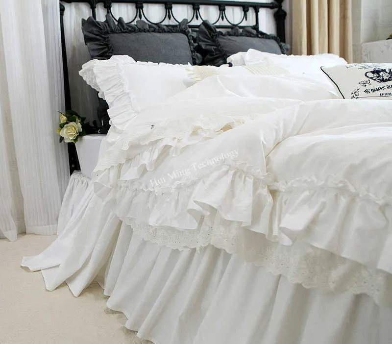 Biancheria da letto cachi europea set doppio volant pizzo copripiumino biancheria da letto elegante copriletto lenzuolo arredamento di nozze biancheria da letto HM-04B 210706