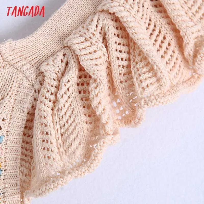 Tangada Korea Chic Frauen Gestreiftes Muster Sommer Pullover Rüschen Kurzarm Damen Crop Strickpullover Tops BE709 210609
