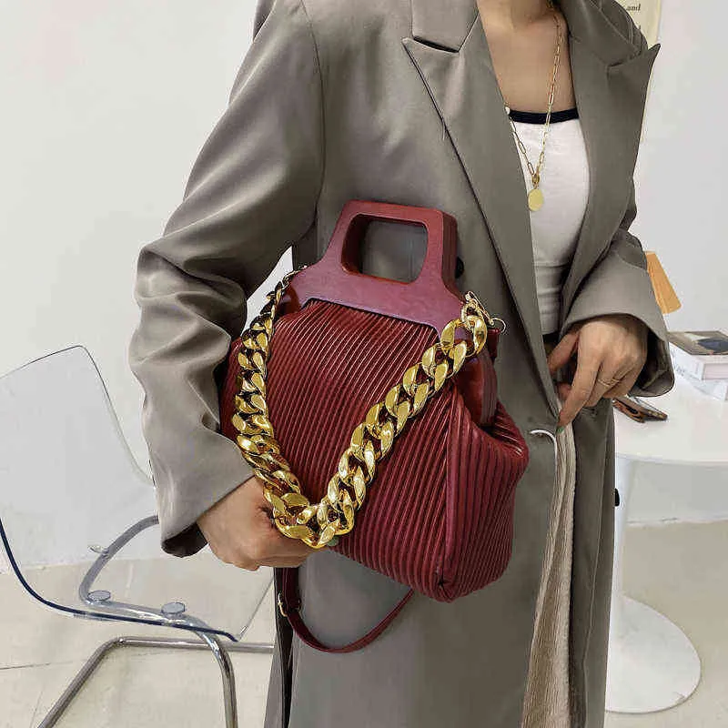 Kadın Tasarımcı Omuz Crossbody Çanta Zincir Küçük Deri Kadınlar Için Kısa Ahşap Saplı Kış Basit Lady Çanta