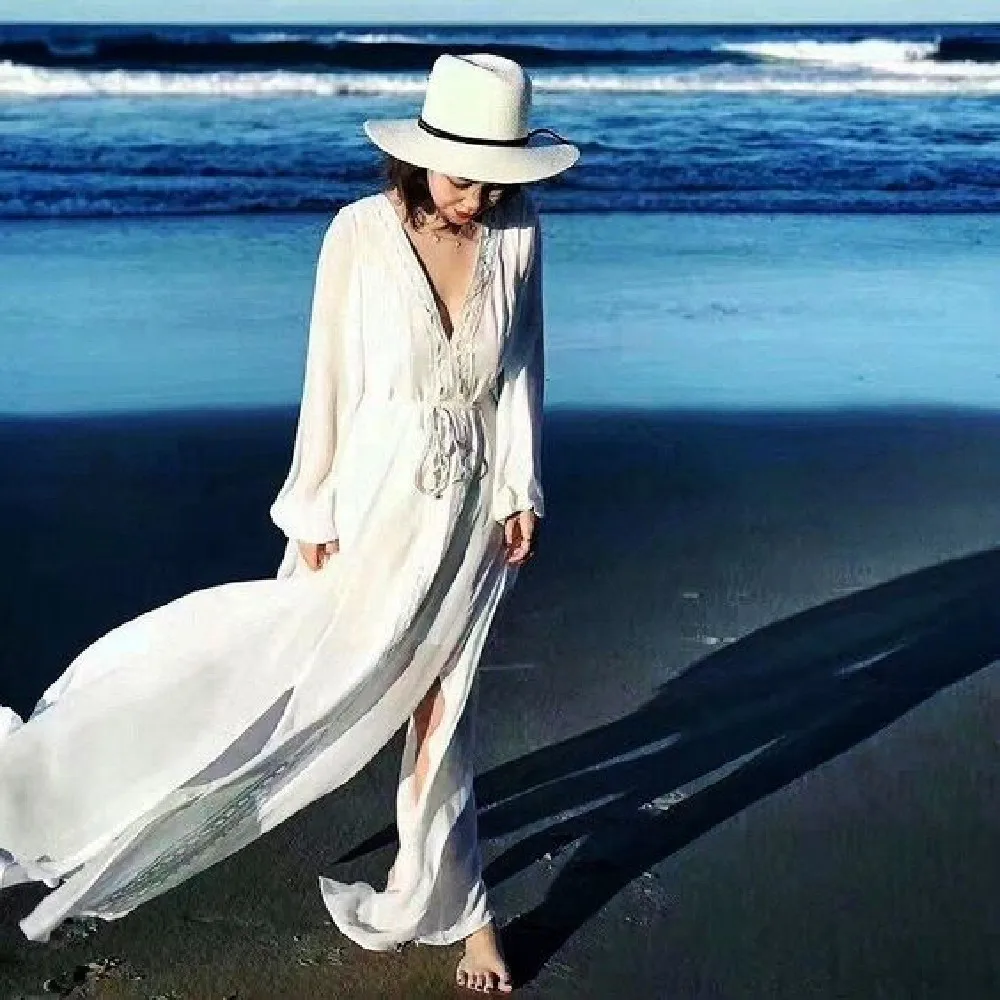 Long Beachwear Summer Pareo Beach Cover Up Chiffon White Bikini Kaftan Saida de Praia Baddräkt # Q399 210420
