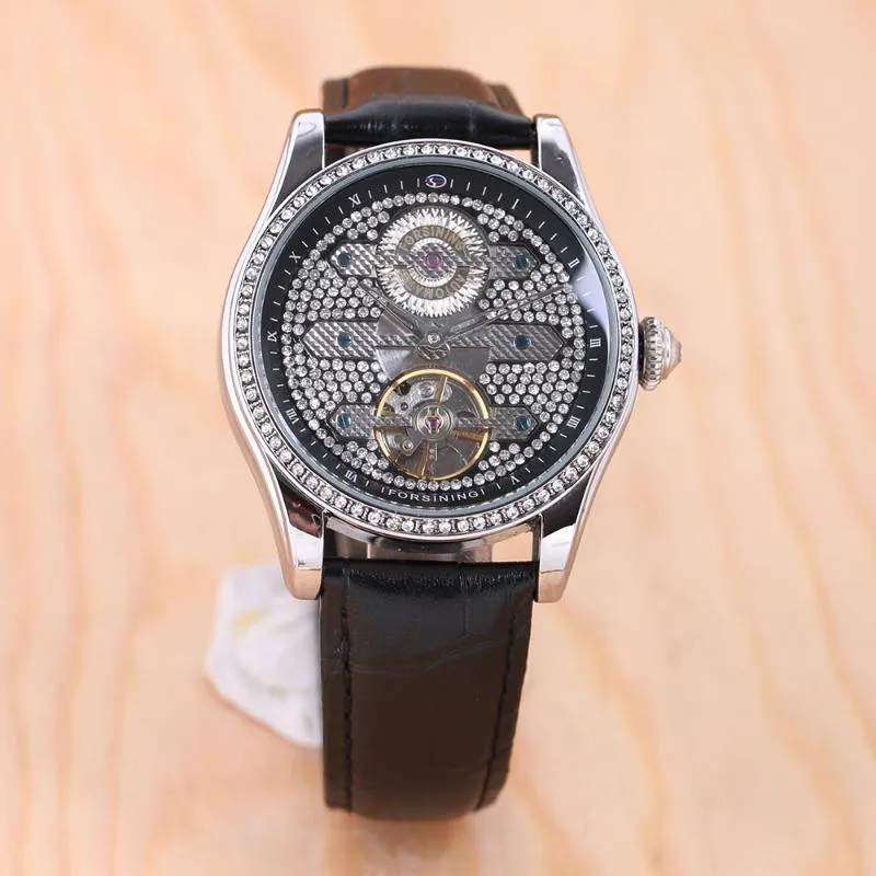 ForSining Fashion Diamond Tourbillion Display Brown äkta lädervatten motstår män titta på topp automatiska armbandsur334v