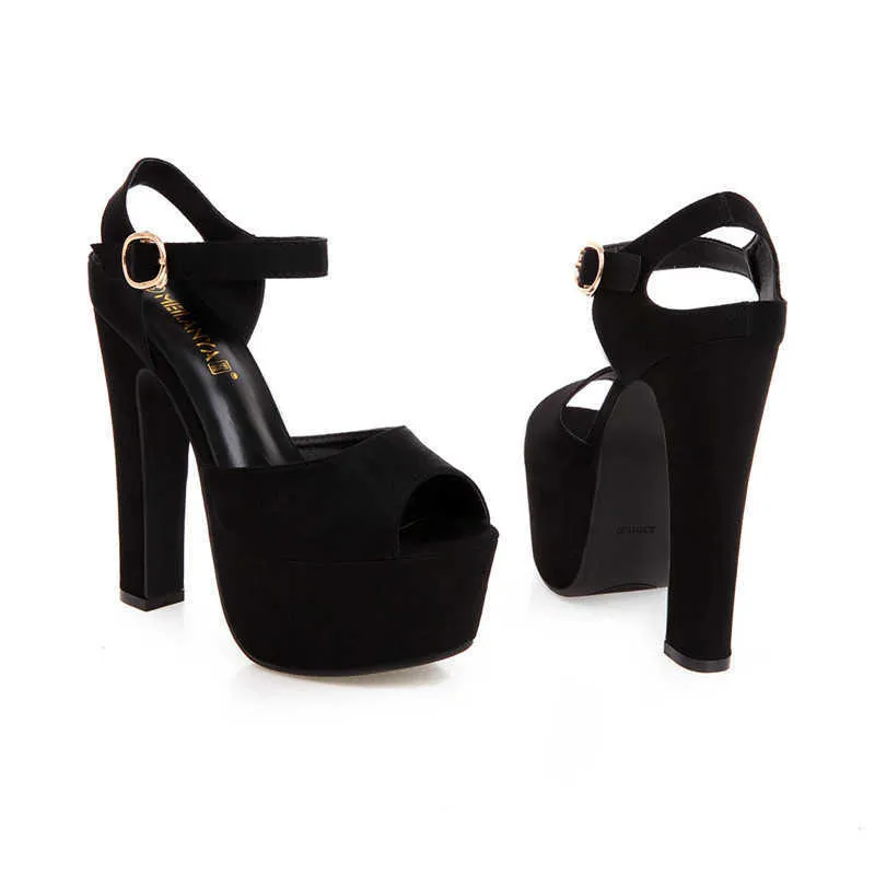 15 cm höga klackar catwalk sandaler vattentät plattform tjock-soled tjock häl kvinnlig svart natt rör dans skor y0608