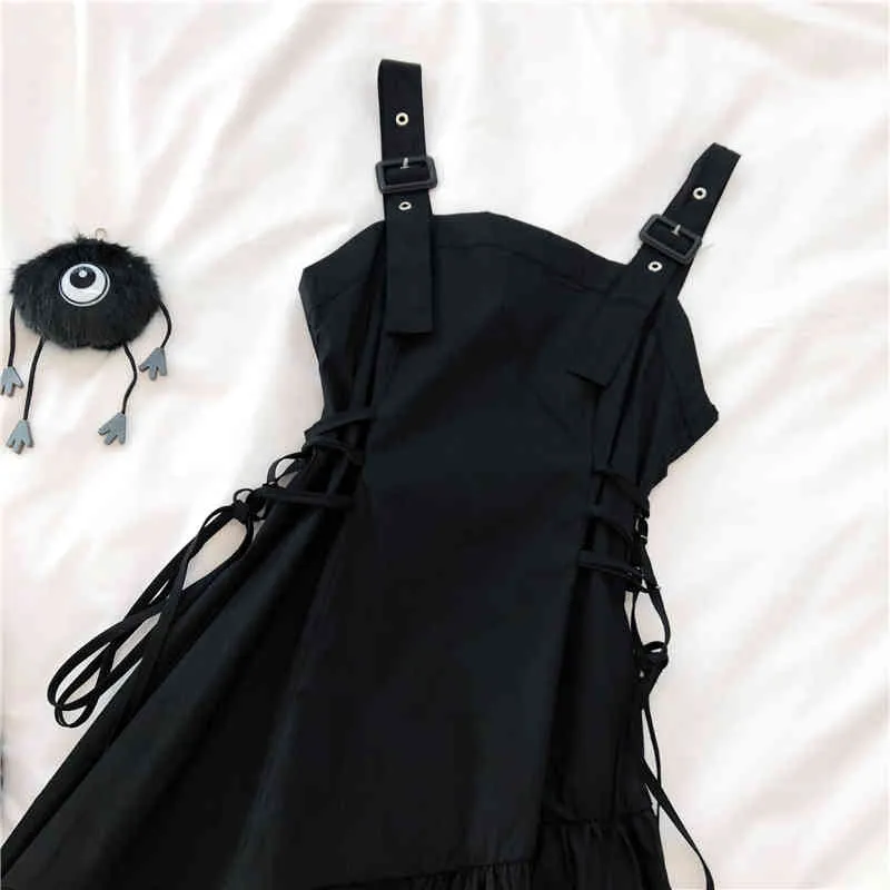 Abito nero vintage gotico donna autunno senza maniche harajuku streetwear irregolare a-line goth fasciatura abiti con cinturino punk 210417