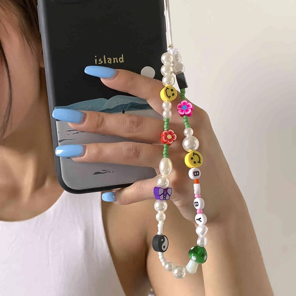 Mobiltelefonremmar, pärlor Beaed smyckekedja för mobiltelefon söt cool färg liten enkel tusensköna hängande rop