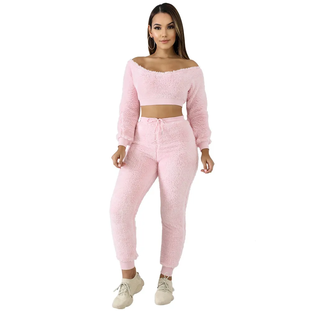 Mode Bady Rosa Fall Vinter Kläder Tracksuit Kvinna Matchande Sats Slash Collar Pullover Topp Baggy Byxor Sweatpants Suit 210525