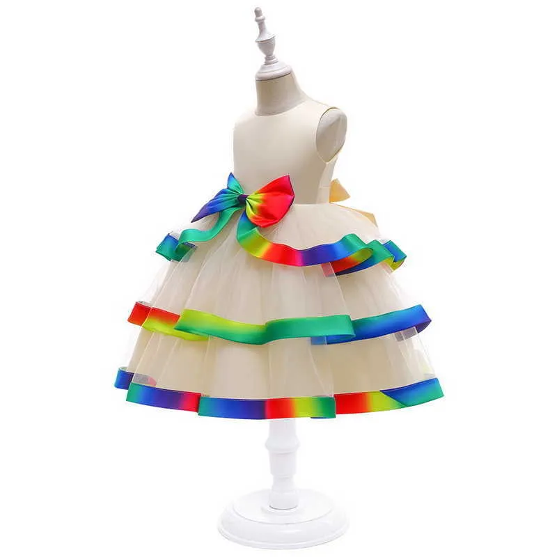 Verão adolescente meninas vestidos sem mangas vestido de arco-íris formal para festa piano de casamento realizar roupas de crianças E5220 210610