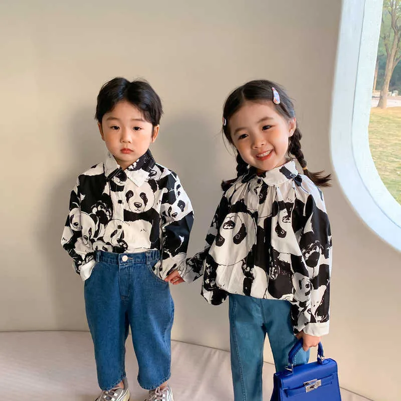 Spring Fashion Kids Boys Girls Panda Printing Long Sleeve Shirts Brother and sister Casual Shirt Tops Clothing 210615