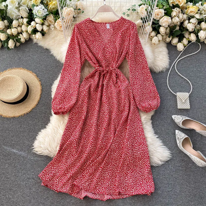 Herbst Lange Ärmel Kleid Frauen V-ausschnitt Leopard Blumendruck Kleider Koreanische Vintage Böhmischen Urlaub Lange Vestidos 210419