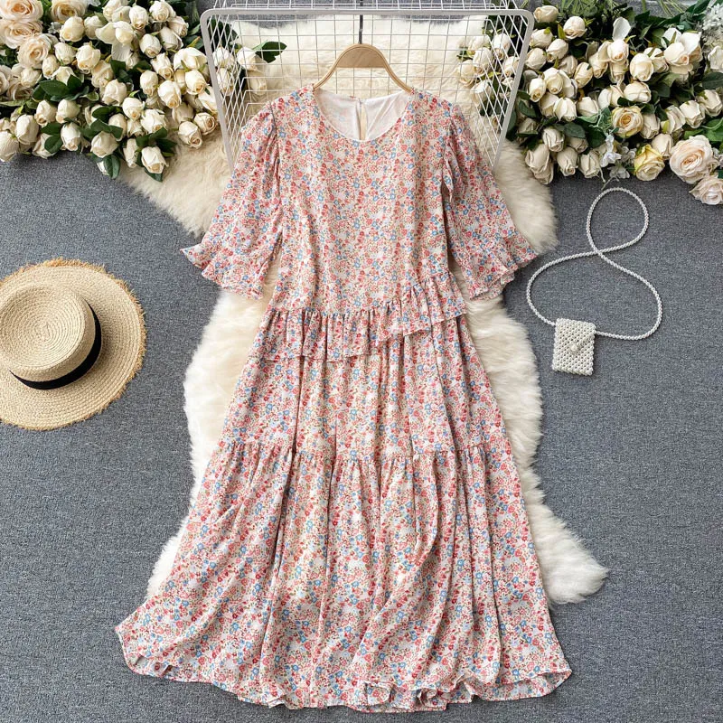 SINGREINY coreano gasa vestido floral mujer dulce manga acampanada volantes A-line vestidos verano Boho estampado Casual playa Midi vestido 210419