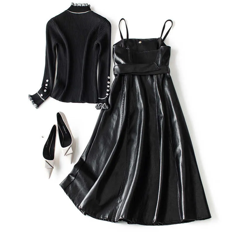 Ly Varey Lin Autumn Strapless Black Pu Leather Long Dress Women High Waist Belt Zipper Loose Vestidos 210526