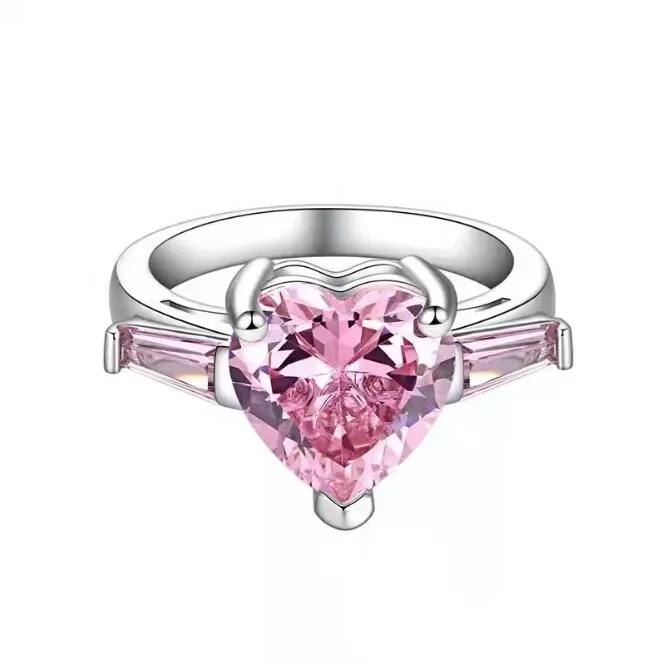 Ins甘いかわいい結婚指輪ファッションジュエリー925スターリングシルバーフィルハートシェイプピンクトパーズCZダイヤモンドジェムストーン