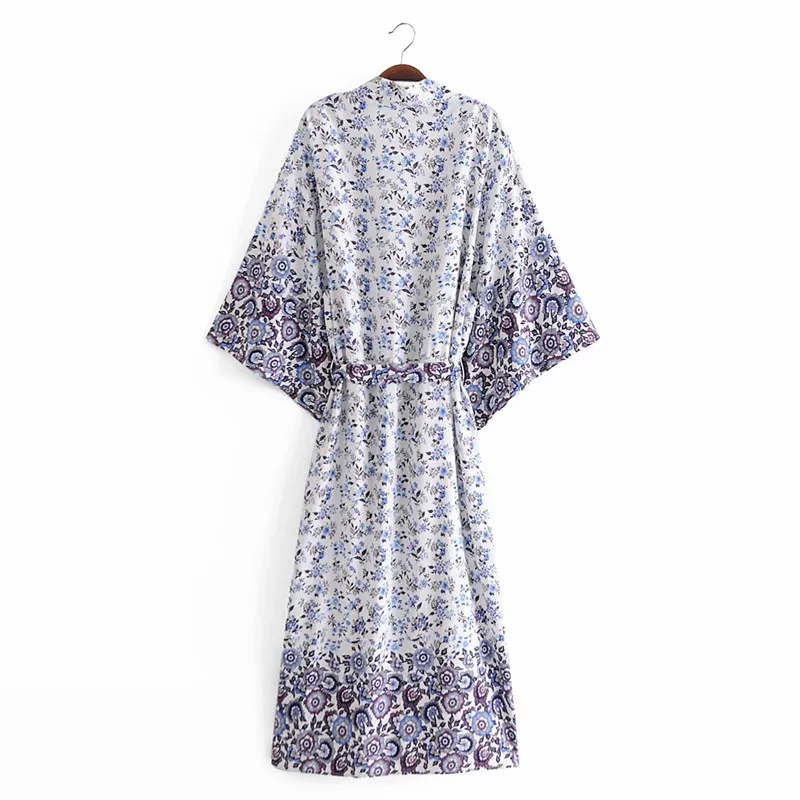 Söta kvinnor v nacke hög midja klänning vårhöst mode damer kinesisk stil kvinnlig tryckt kimono 210515
