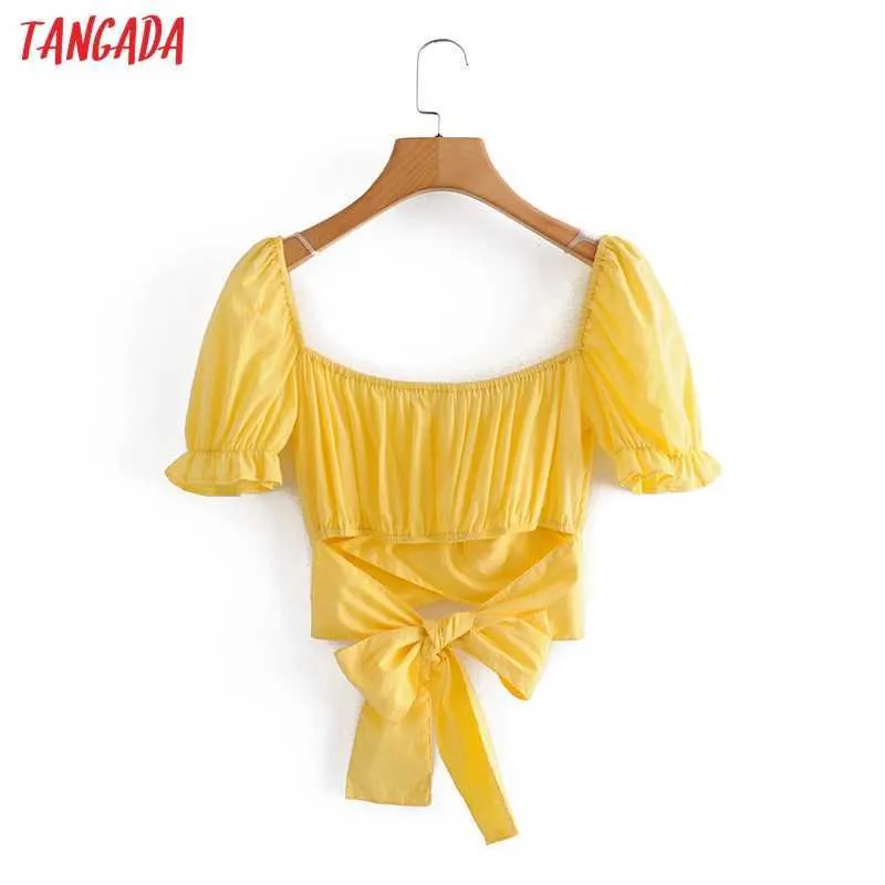 Tangada femmes rétro jaune Crop chemise avec Slash à manches courtes été Chic femme Sexy mince chemise hauts 2L33 210609