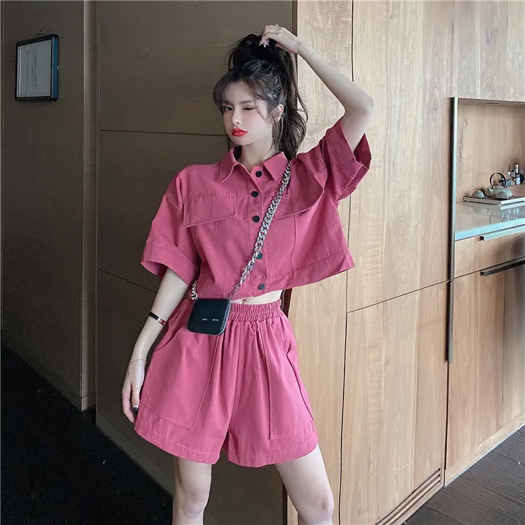 Sommar solid färg kvinnors arbete shorts sätter casual outfit ros röda toppar mode tvådelade uppsättning kvinnliga 210514