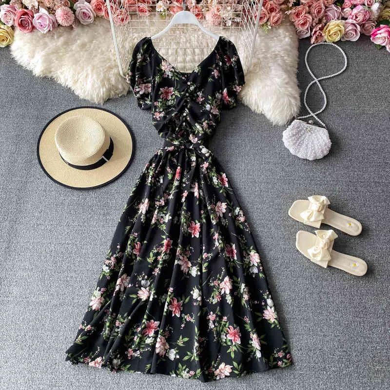 Summer Beach A-Line Print Dress femme bord de mer vacances licou grande balançoire midi longue douce floral col en V robe vestido lady 210508