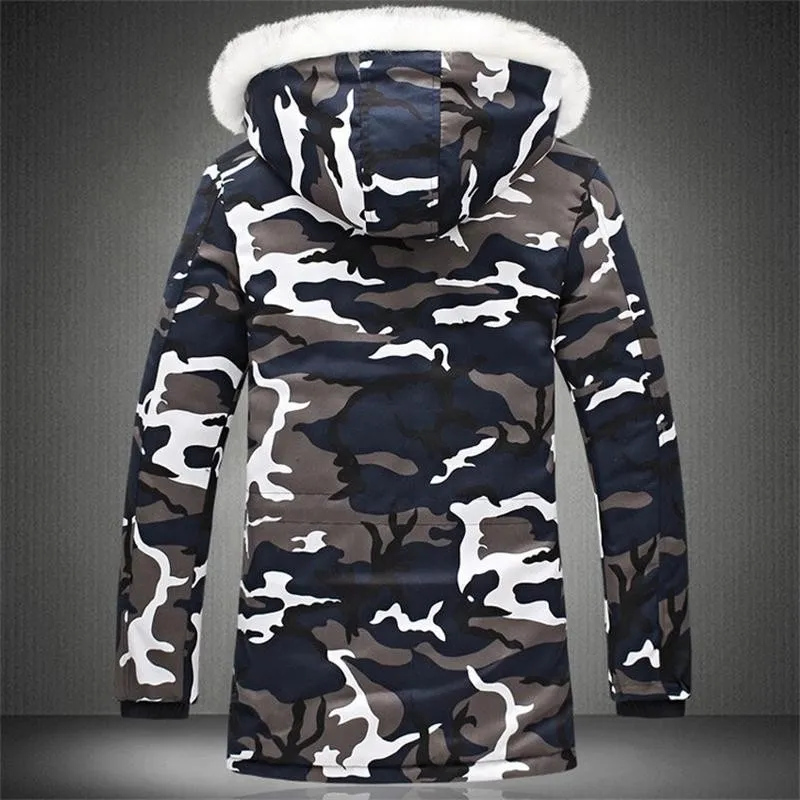 Estilos clássicos mais jaqueta de inverno de veludo masculino M-5XL moda camuflagem parkas casacos militares engrossar casacos com capuz de pele wi