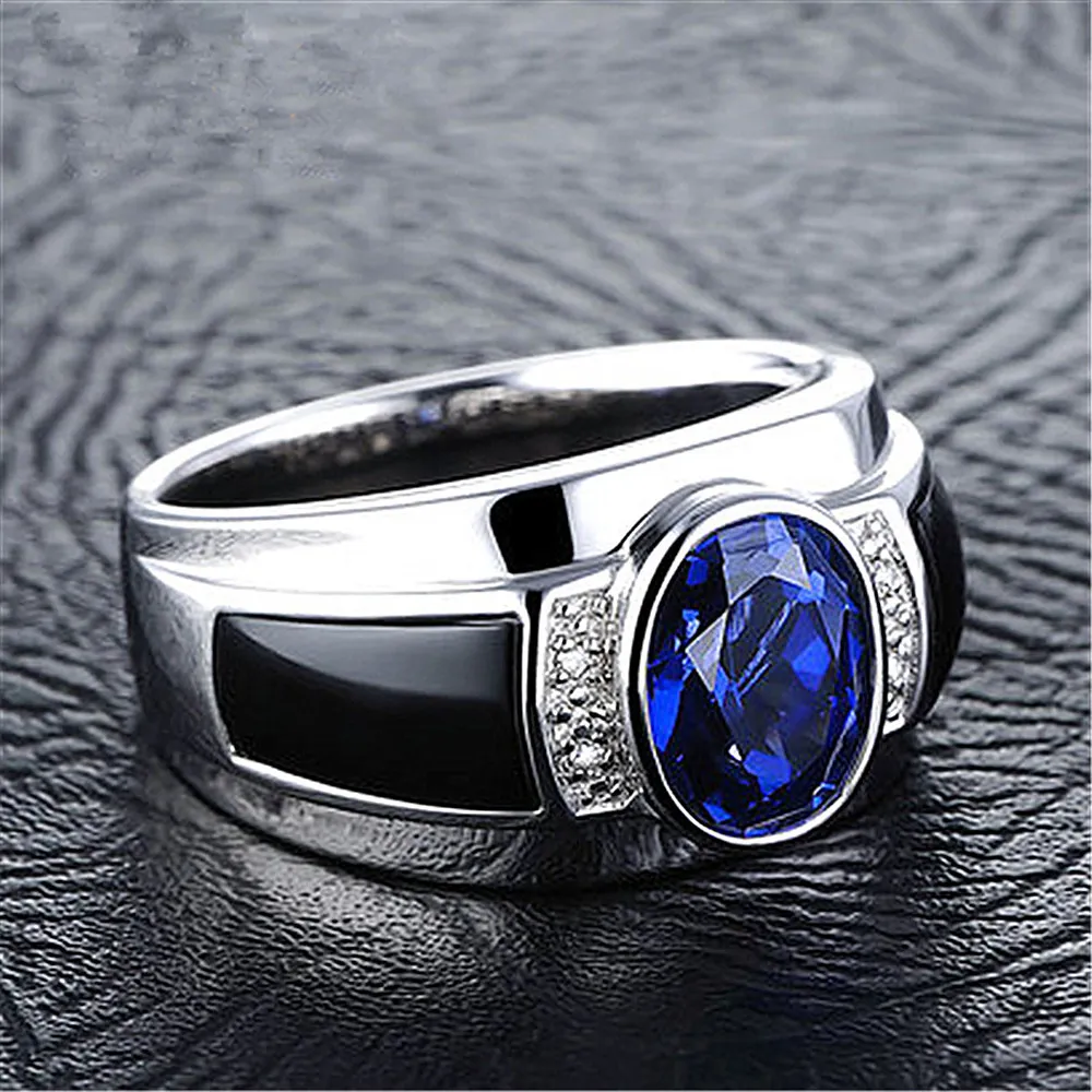 Mode Sapphire edelstenen Blauw Crystal Black Agate Zirkoon Diamanten Ringen voor Mannen Wit Goud Zilver Kleur Sieraden Party Bague