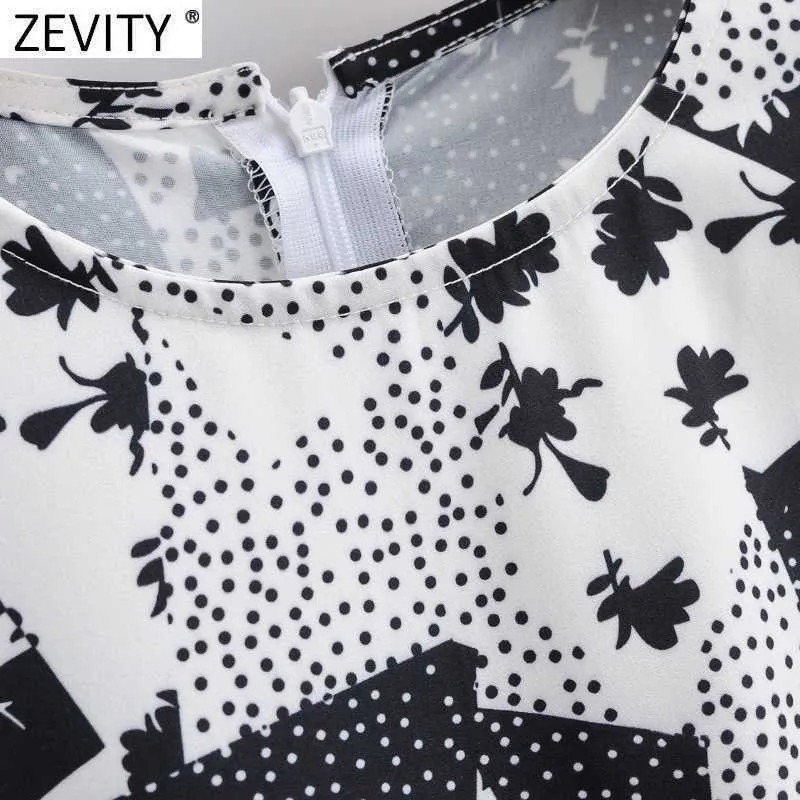 Zevity女性エレガントO首のコントラストカラーパッチワークプリント裾フリルMIDIドレスオフィスレディースシックフレアスリーブVestido DS4680 210603