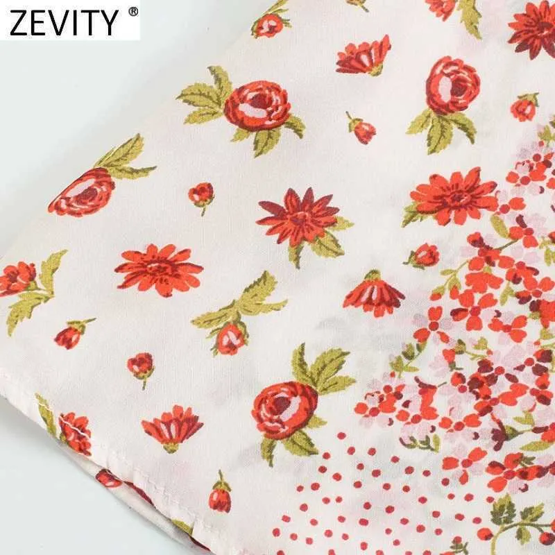 Zevity Women Sweet Dots Patchwork Floral Print Casual Smock Bluzka Ladies V Neck Pleat Ruffles Femininas Koszulki Chic Topy LS9311 210603