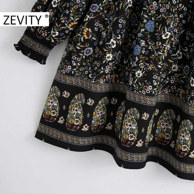 ZEVITY women vintage totem flower print court mini dress femme long sleeve kimono vestido chic casual elastic dresses DS4480 210603