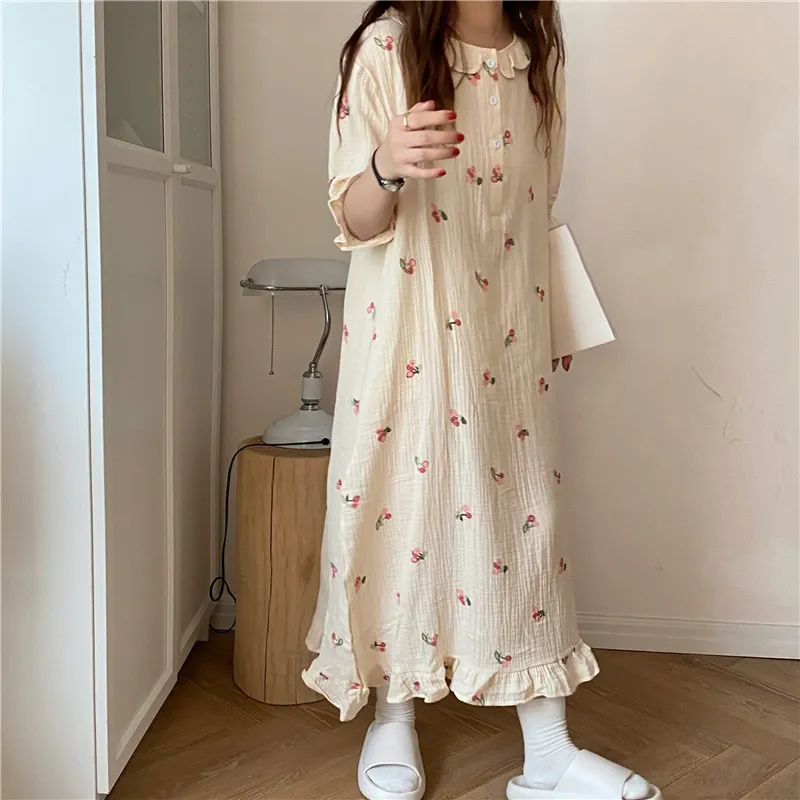 Letnia sukienka Długi haft Piżamy Słodka Nightdress Drukowanie Chic Casual Homewear Loose Dwuczęściowy garnitur zestawy 210525