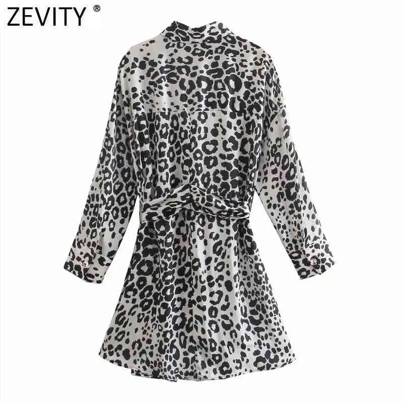 Women Vintage Leopard Print Double Pockets Casual Slim Shirt Dress Female Chic Breasted Bow Tied Sashes Vestidos DS8137 210420