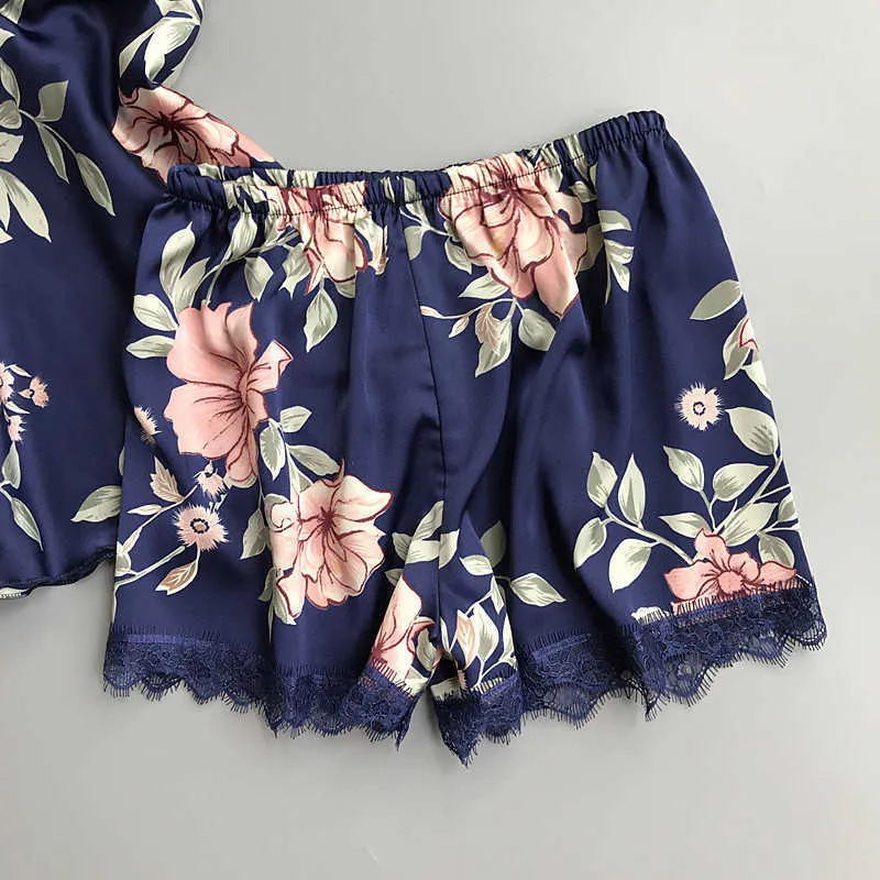 Jerrinut Mulheres Sleepwear Pijamas De Seda Set Nightgowns Lingerie Sexy Summer Silk Silk Lace Mangeles Home Wear with Pad Pad 210622