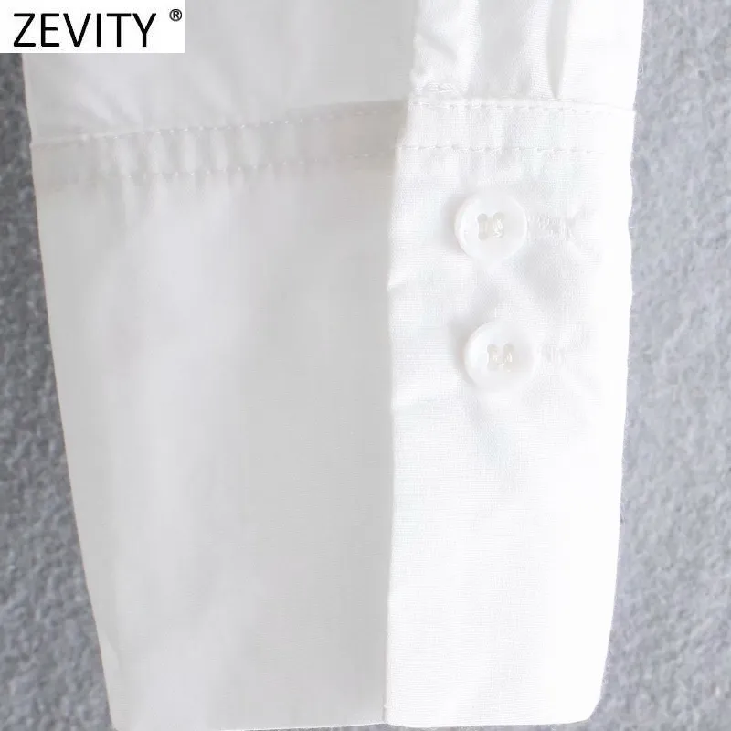 Zevity kvinnor mode singel axel vit asymmetrisk smock blus damer tillbaka knappar pläterade femininas tröja chic toppar ls9306 210419