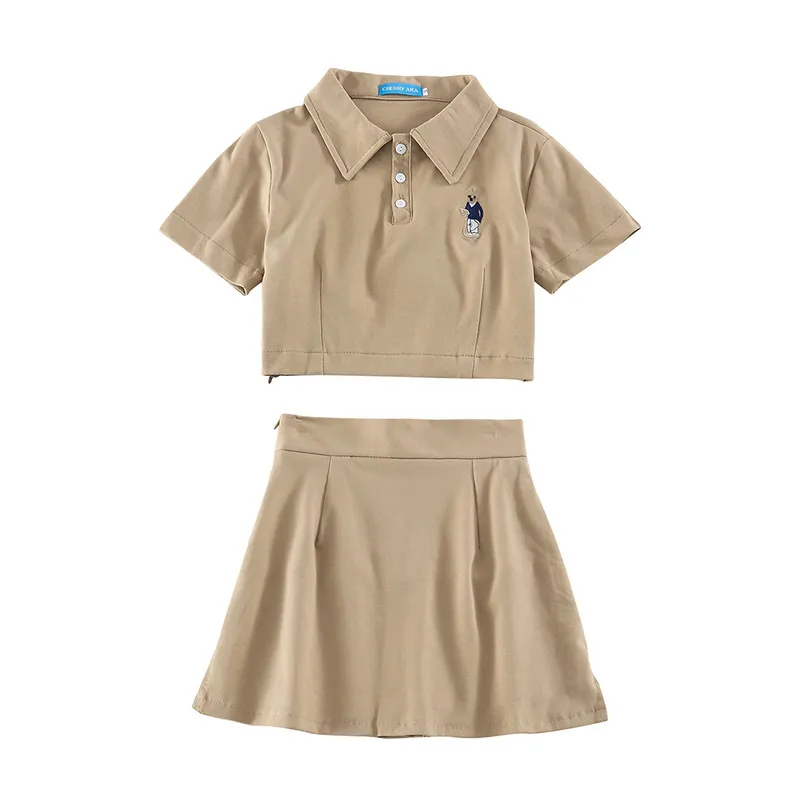 キムトモの女性2個セット夏の新鮮なスタイルの女の子のターンダウンカラー半袖トップス弾性ウエストAラインソリッドスカート210521