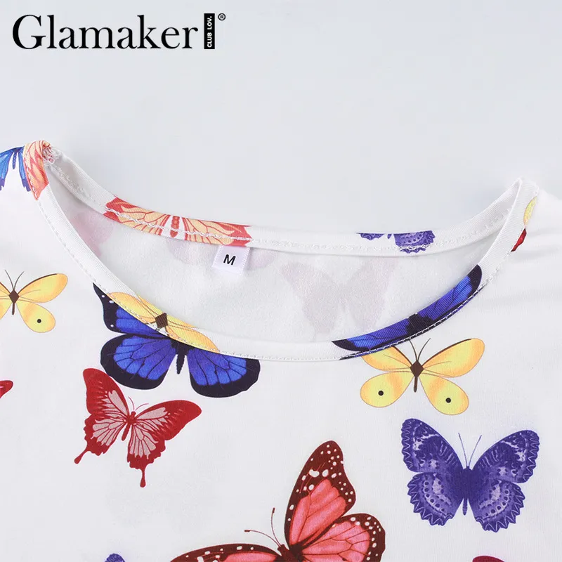 Glamaker Butterfly Print Top corto sexy T-shirt bianca donna Summer Streetwear O Collo Manica corta Stretch Tee Top feminina 210412