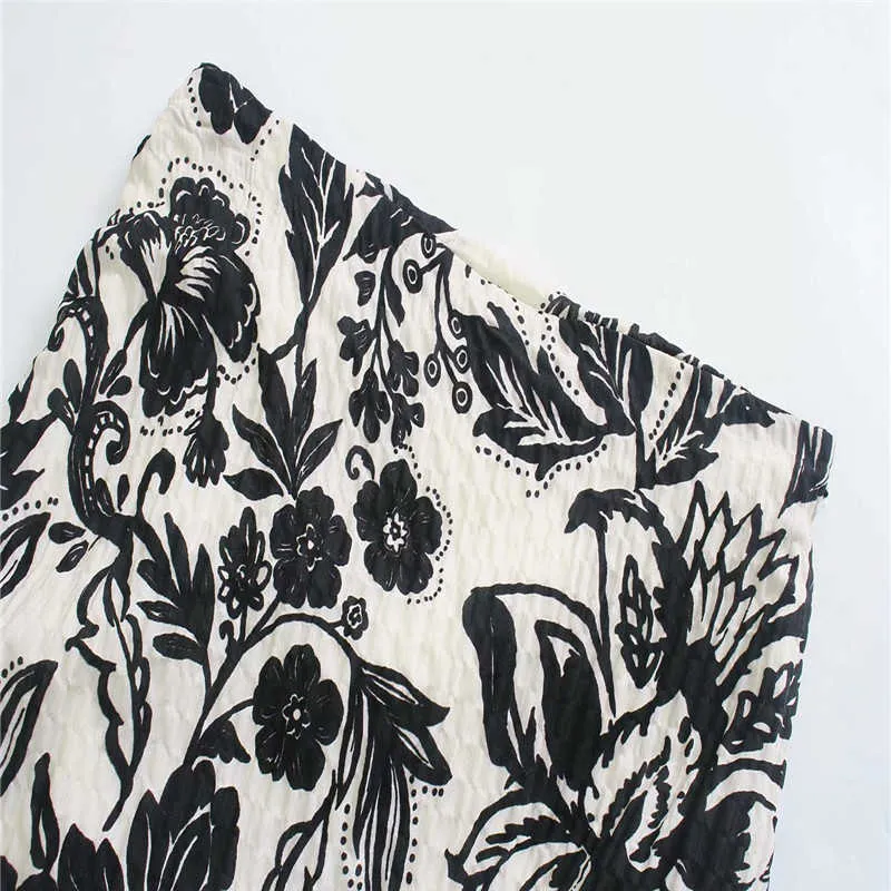 Za Draped Floral Print Black Midi Spódnica Kobiety Wysoka Talia Ruching Szczurek Hem Letnie Spódnice Kobiet Chic Side Zip Vintage Spódnice 210602