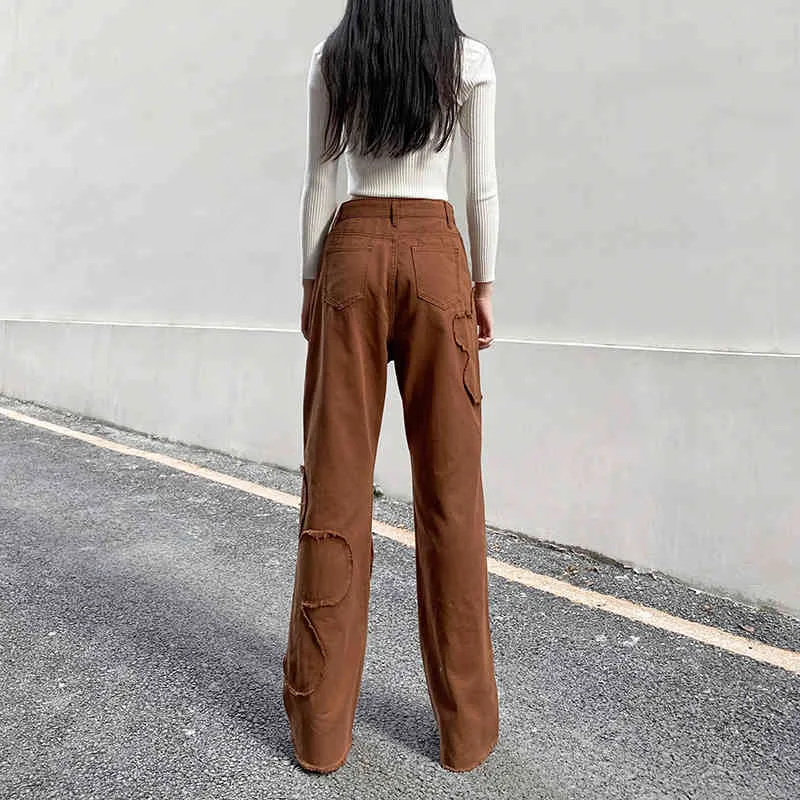 Femme jean flare taille haute jean café Denim Streetwear Vintage qualité mode Harajuku pantalon droit 210524