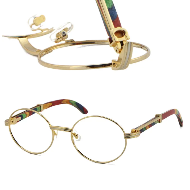 Szklanki całego drewna Ramki 7550178 Okrągłe metalowe okulary okulary żeńskie kobiety srebrna złota rama c dekoracja okulisty214g