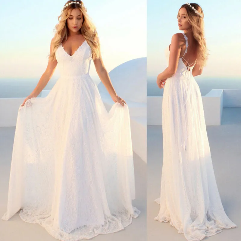Kayotuas Women Dress Formal Wedding Long Party Ball Gown Lace Chiffon Maxi V-Neck Princess Solid White Backless Sundress 210522