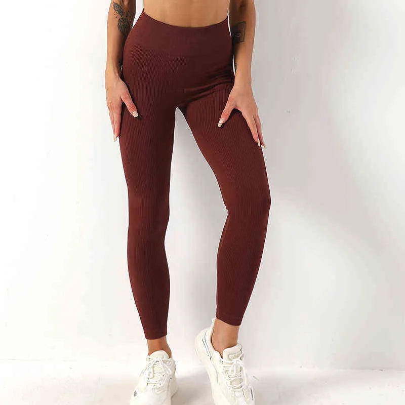 Femmes côtelées sans couture Leggings taille haute Gym Yoga pantalon Push Up Leggings athlétique Fitness entraînement Leggins Booty Sport collants H1221