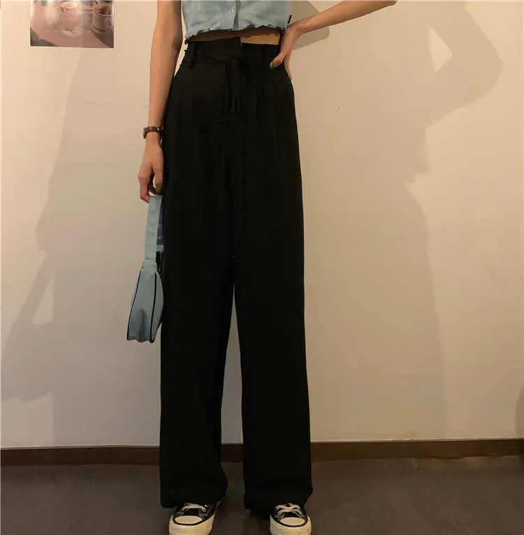 Loose High Waist Drawstring Grå Skräddarsydda Byxor Kvinnor Mujer Pantalones Streetwear Casual Straight Black Wide Ben Byxor Suits 210610