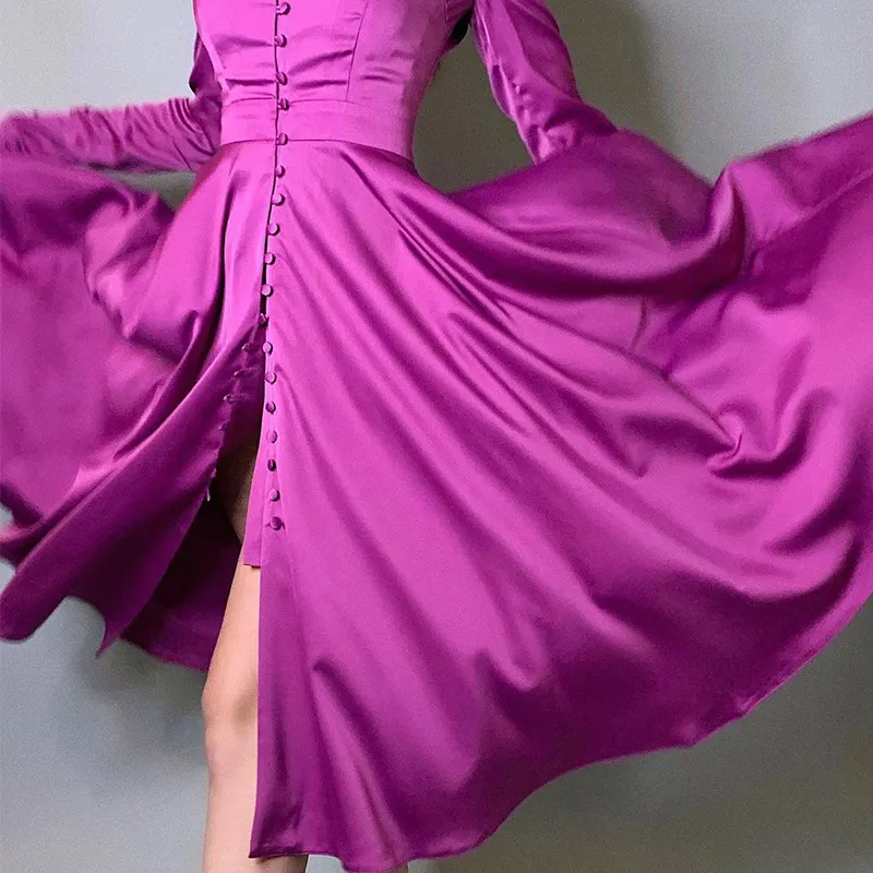 女性のドレスの気質ヴィンテージのドレスVネックシングルブレストレディースハイウエストの大きなスイングロング210524