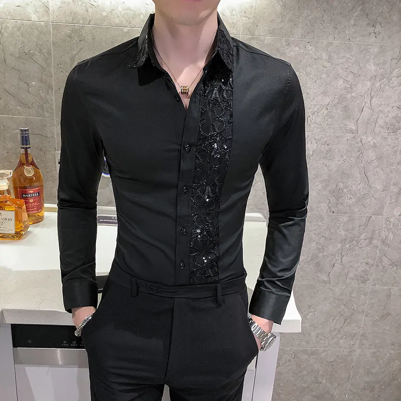 Lace Cut Out Splicing Shirts Mens Long Sleeve Slim Fit Fashion ...