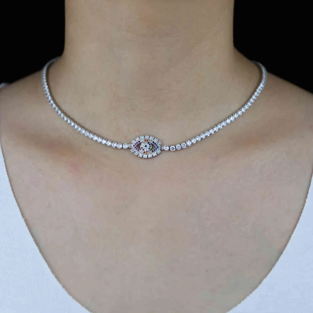 Collana girocollo da donna con catena da tennis, zirconi cubici 5A da 3 mm, collana da donna alla moda con fascino malocchio turco