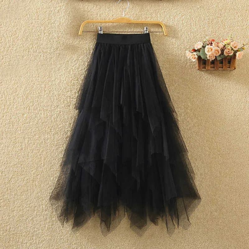 Tulle Jupes Faldas Mujer Moda Mode Élastique Taille Haute Maille Tutu Maxi Plissée Longue Midi Saias Jupe Femmes Jupe 210621