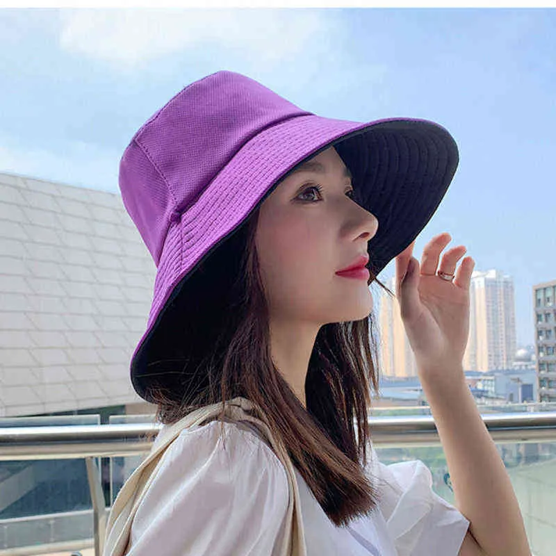 Double-sided Foldable Bucket Hat Summer Sun Hat for Women Girls Visor Fisherman Cap Anti-UV Wide Brim Sunscreen Hats Caps G220311