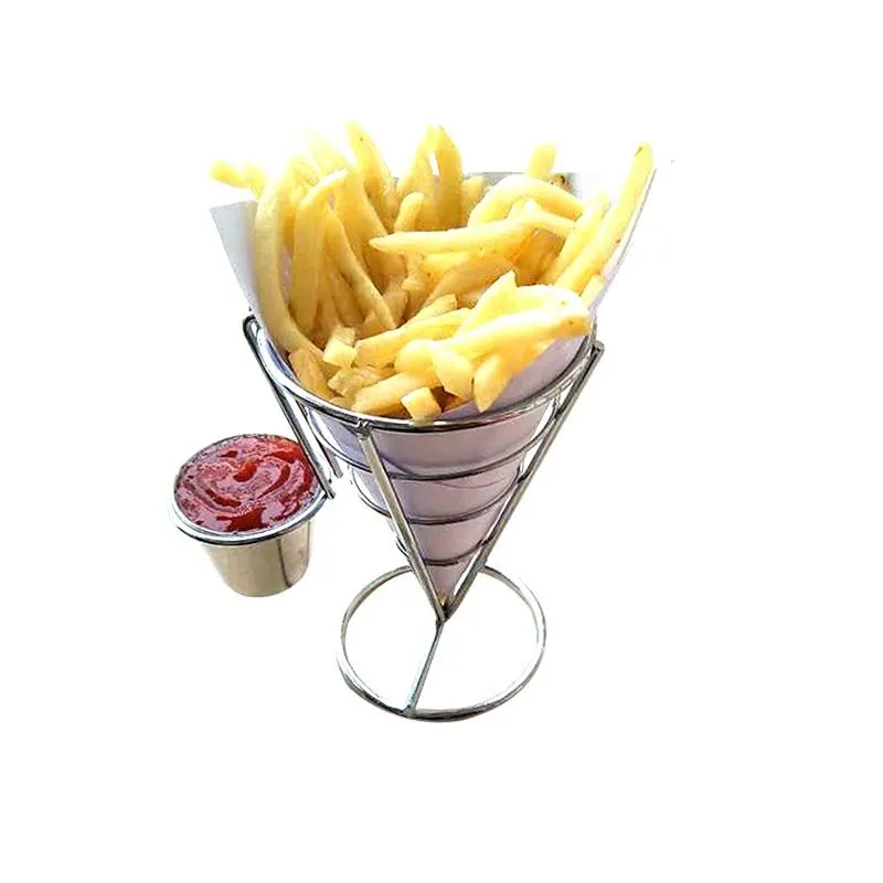 Bolsas de jóias Sacos Batatas Fritas Stand Cone Cesta Fry Titular com Molho Dippers Metal Frango Frito Display Rack Wire331K