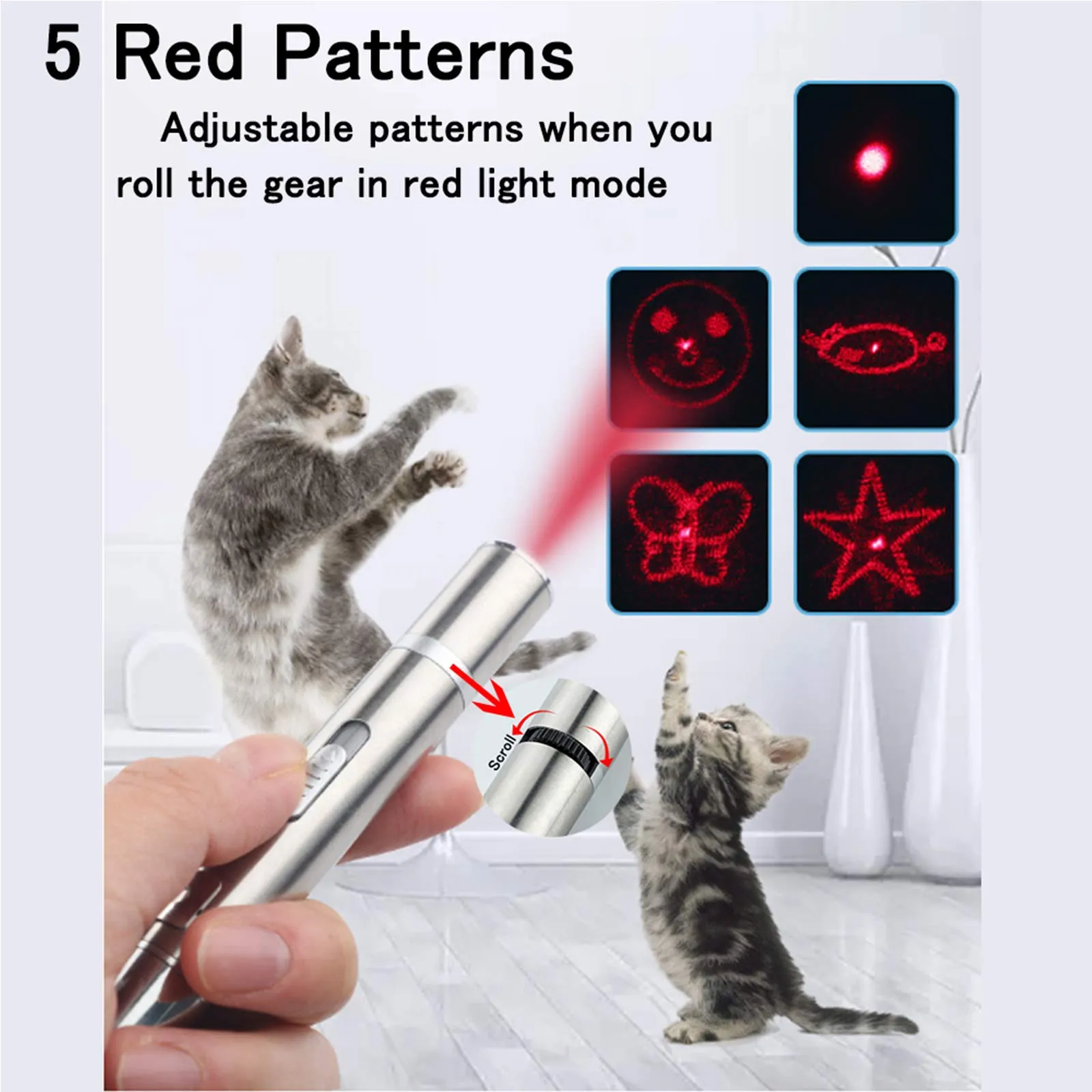 3-In-1 Pet Laser Pointer Cat Laser Toy USB Rechargeable Red Dot Laser Light Funny Cat Chaser Stick Interactive Pointer