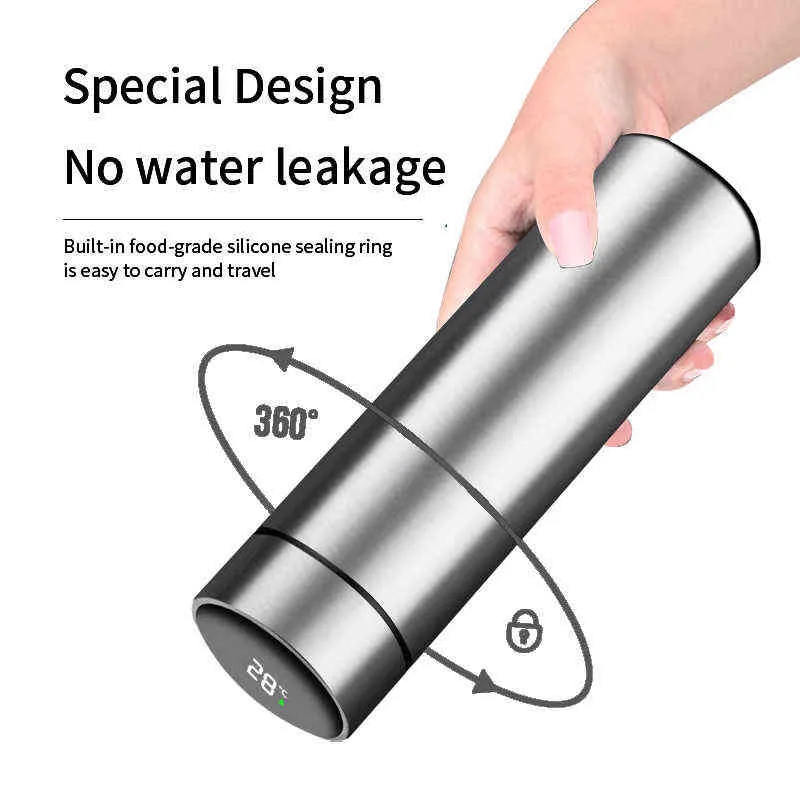 LCD Temperature Display Thermos 500ML Water Bottle Stainless Steel Smart Vacuum Insulated Flasks Leak Proof Keep & Cold Gym 211109