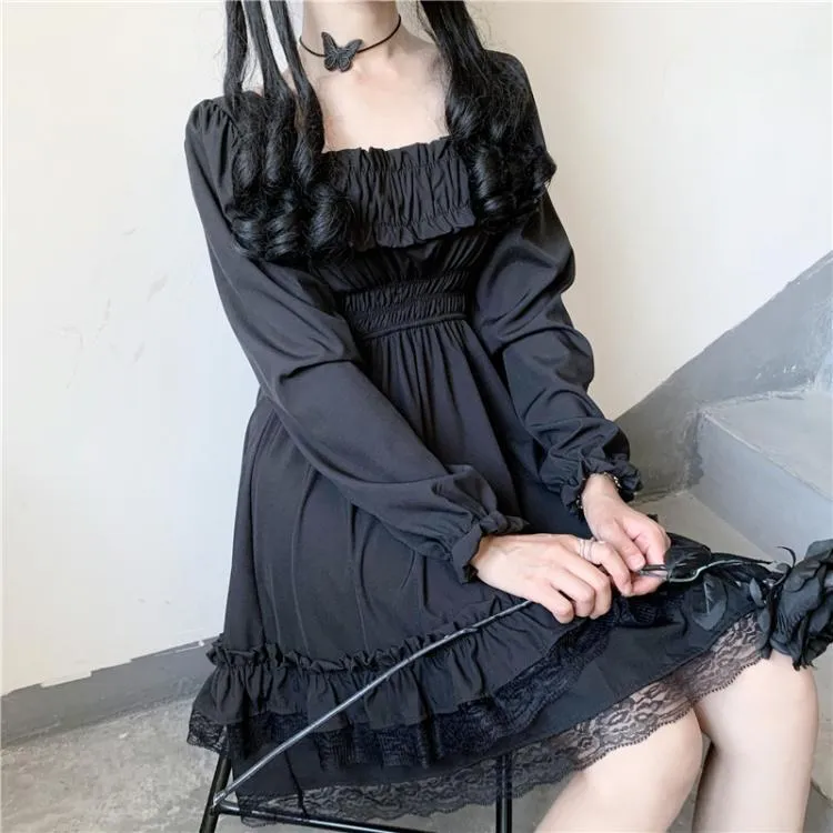 Rękaw Puff Party Dresses Moda Kobiety Czarny Mini Z Koronką Slash Neck Wysoka Talia Gothic Robe FEMME 12991 210427