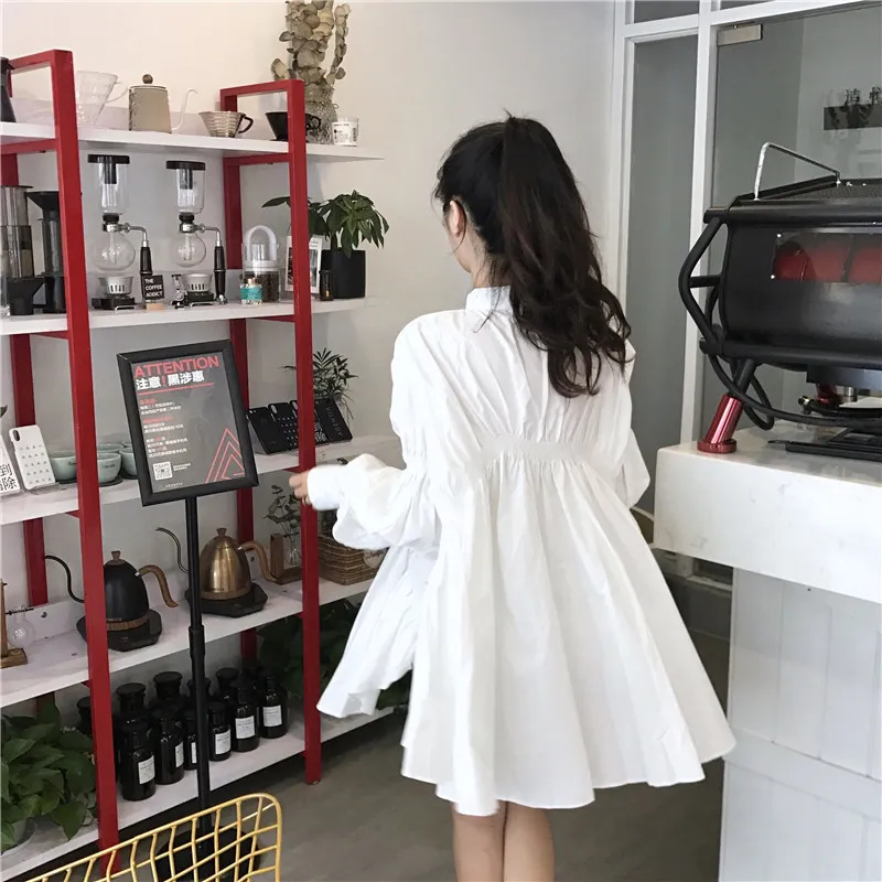 Korobov Korean Puff Langarm Frauen Kleid Vintage Süße Weiße Stehkragen Vestidos Adrette Einreiher Robe Femme 210430