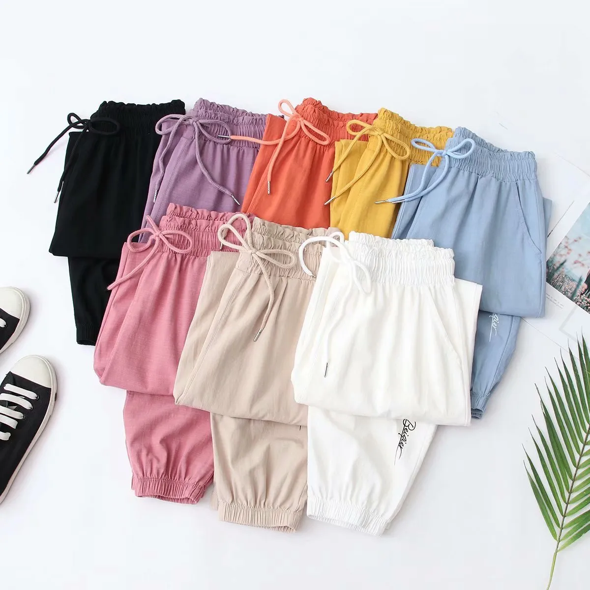 Couleur bonbon coréen femmes Simple couleur unie taille élastique Corset pantalons décontractés Harajuku doux sport Chic femme pantalon 210507