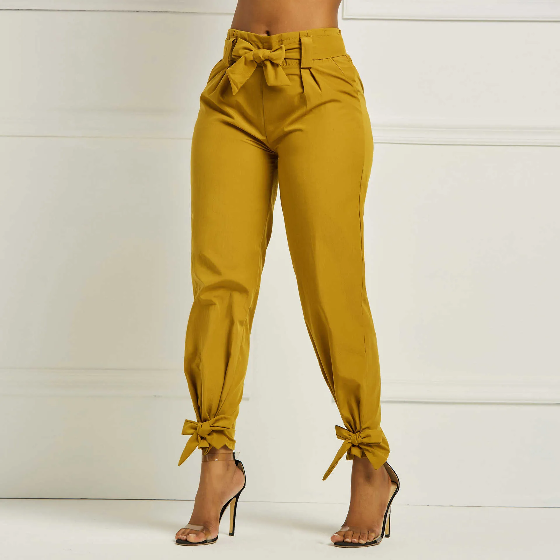 Women Summer Harem Pants with Waist Belt Bowtie Solid Trousers Ladies Casual Fashion Middle Girls Street Clothing 210925